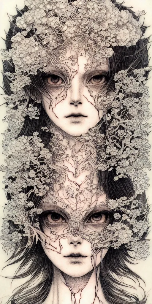 Prompt: prompt: Fragile looking vessel portrait tattooed face character soft light drawn by Vania Zouravliov and Takato Yamamoto, inspired by Fables, magical and alchemical weapons, soft light, white background, intricate detail, intricate ink painting detail, sharp high detail, manga and anime 2000