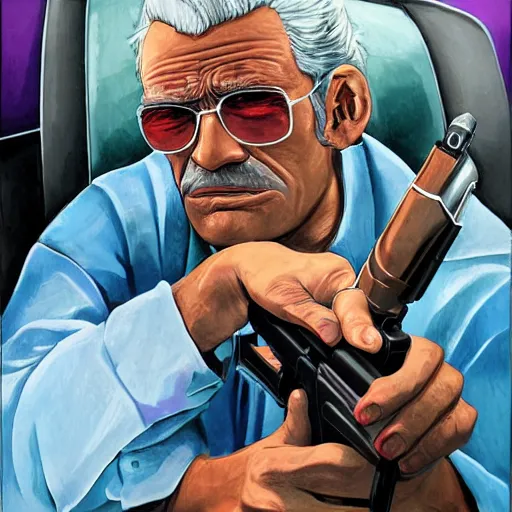 Image similar to highly detailed old man in car holding gun gta vice city art,, fantasy art by stephen bliss