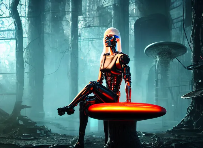 Image similar to photo of an intricate and sophisticated terminator woman with borg enhancements, blonde hair, plastic mask, sitting on a giant mushroom in a weird magical mechanical forest and drinking a cup of tea. Very detailed 8k. Fantasy cyberpunk horror. Sharp. Unreal 5 render with nanite, global illumination and path tracing. Cinematic post-processing