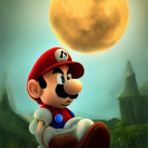 Prompt: professional fantasy art of sad luigi, with s on hat, long thin drooping dangling moustache, very sad face, looking at camera, professional art, dnd, fantasy art, red moon, matte painting, volumetric lighting, unreal engine 5, very detailed art