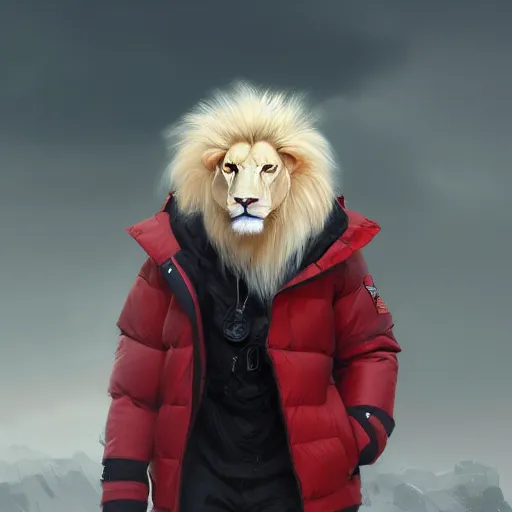 Image similar to commission portrait of a male anthro albino lion wearing a red-black puffer jacket.dramatic,character design by charles bowater,greg rutkowski,ross tran,hyperdetailed,hyperrealistic,4k,deviantart,artstation,professional photography,concept art