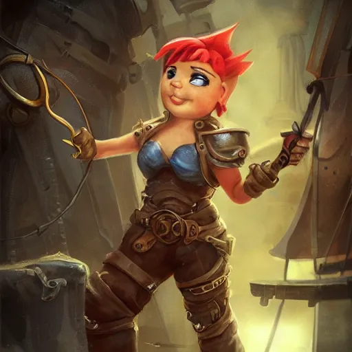 Image similar to full body character design, scrappy female gnome mechanic with pixie undercut hair and one prosthetic metal gauntlet arm standing on a ship deck, naval background, fantasy, D&D, full body portrait, highly detailed, digital painting, HD, trending on ArtStation, dark fantasy, great composition, concept art, matte, sharp focus, illustration, art by artgerm and greg rutkowski