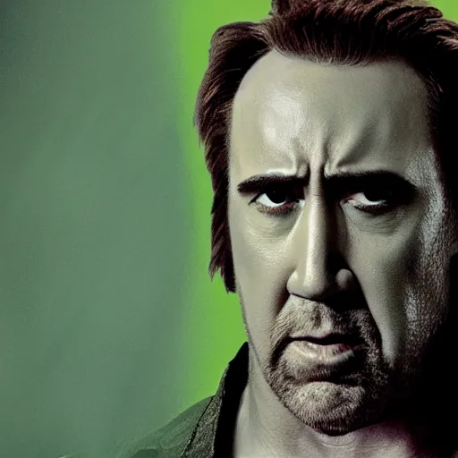 Prompt: nicholas cage as the hulk, gritty portrait, film still