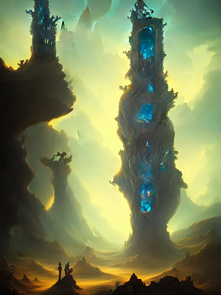 Prompt: a fantasy tower in a dune sea filled with ruins by Peter Mohrbacher, blue fireball, moody lighting, tarot card