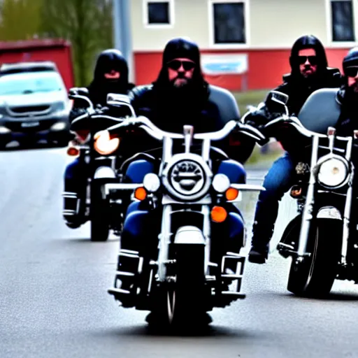 Prompt: one hells angels biker riding his harley davidson in sweden, photo