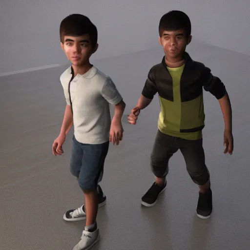 Prompt: full body unreal engine 5 render of two boys, highly detailed faces