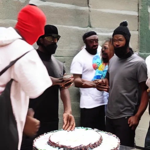 Prompt: several angry black guys surrounding a big cake. wearing ski masks