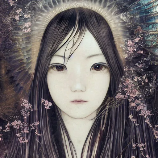 Image similar to yoshitaka amano blurred and dreamy realistic illustration of a young japanese woman with black eyes, wavy white hair fluttering in the wind wearing elden ring armor with engraving, abstract patterns in the background, satoshi kon anime, noisy film grain effect, highly detailed, renaissance oil painting, weird portrait angle, blurred lost edges, three quarter view