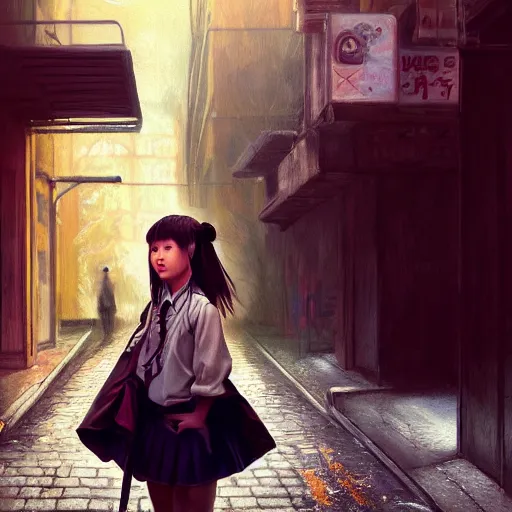 Image similar to a perfect, realistic professional oil painting in baroque style, of a Japanese schoolgirl posing in a dystopian alleyway, close-up, by a professional American senior artist on ArtStation, a high-quality hollywood-style concept