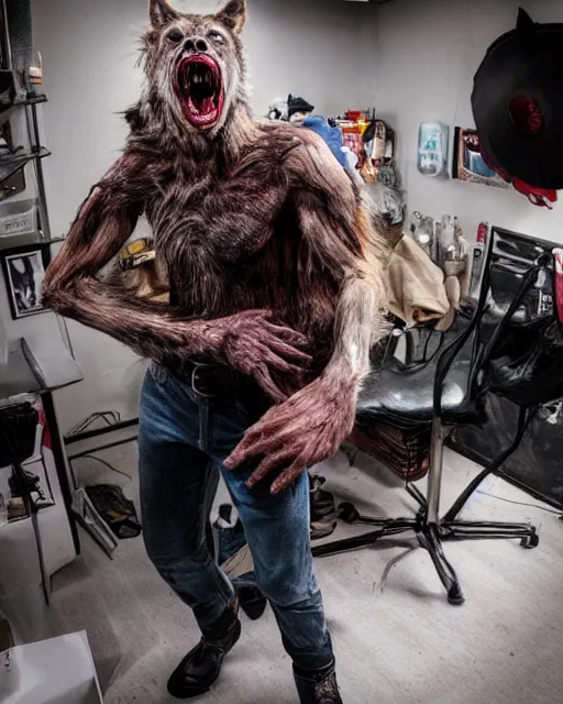 Image similar to David Kessler transforming into a wolf+An American werewolf in London+Photorealistic+Rick Baker style Makeup and Prosthetics+Studio Lighting+Hyperreal