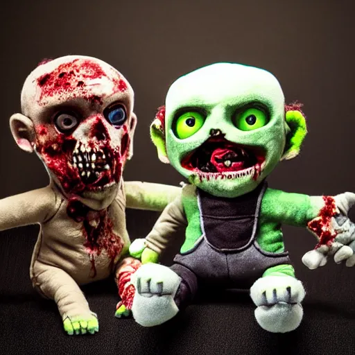 Image similar to a zombie plush. beautifully made, detailed, cute, soft. high quality, studio lighting, product image