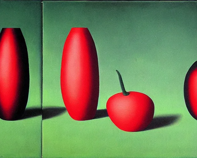 Prompt: a green, red, and black painting by Magritte