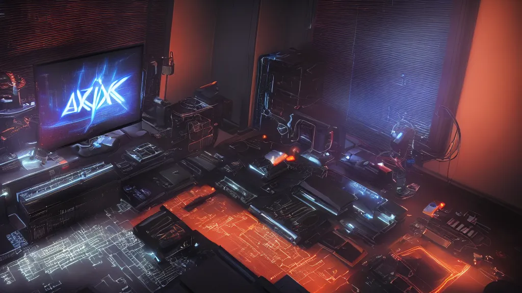 Image similar to a cyberpunk overpowered computer. Overclocking, watercooling, custom computer, cyber, mat black metal, alienware, futuristic design, desktop computer, nebula, galactic, space, minimalist desk, minimalist home office, whole room, minimalist, Beautiful dramatic dark moody tones and lighting, orange neon, Ultra realistic details, cinematic atmosphere, studio lighting, shadows, dark background, dimmed lights, industrial architecture, Octane render, realistic 3D, photorealistic rendering, 8K, 4K, Cyborg R.A.T 7, Republic of Gamer, computer setup, highly detailed