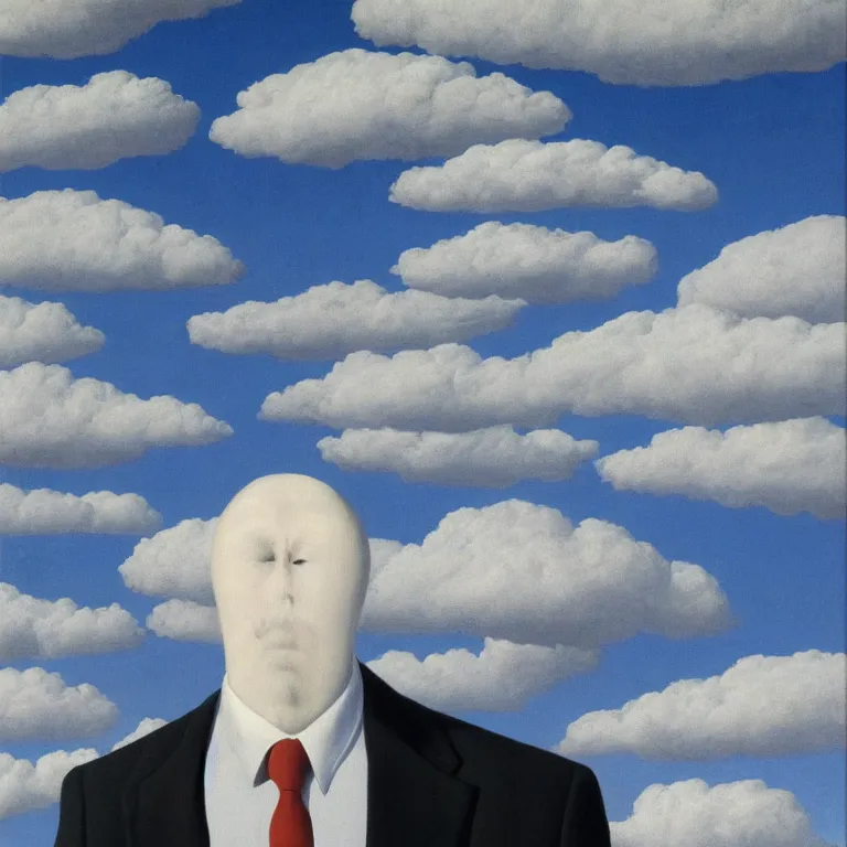 Image similar to portrait of a faceless shadow - head man in a suit, clouds in the background, by rene magritte, detailed painting, distance, middle centered, hd, hq, high resolution, high detail, 4 k, 8 k