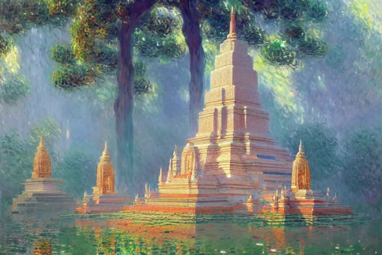 Image similar to temple, buddhism, impressionnisme, painting by greg rutkowski, artgerm, claude monet