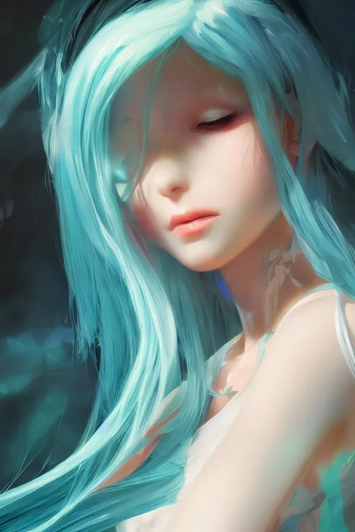 Image similar to beautiful, miku, digital painting, portrait , cinematic lighting, highly detailed, concept art, Atmosphere, illustration, smooth, sharp focus, editor's pickup, trending on artstation, trending on deviantart