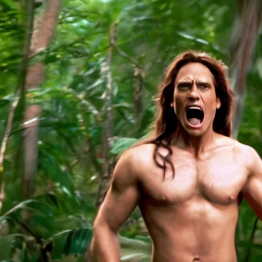 Prompt: Tarzan wearing t shirt and screaming, film still, potrait, Cinematic scene, Hollywood standard , hd , 8k, focus detailed, best ai image, perfect photo, rule of third, golden ratio