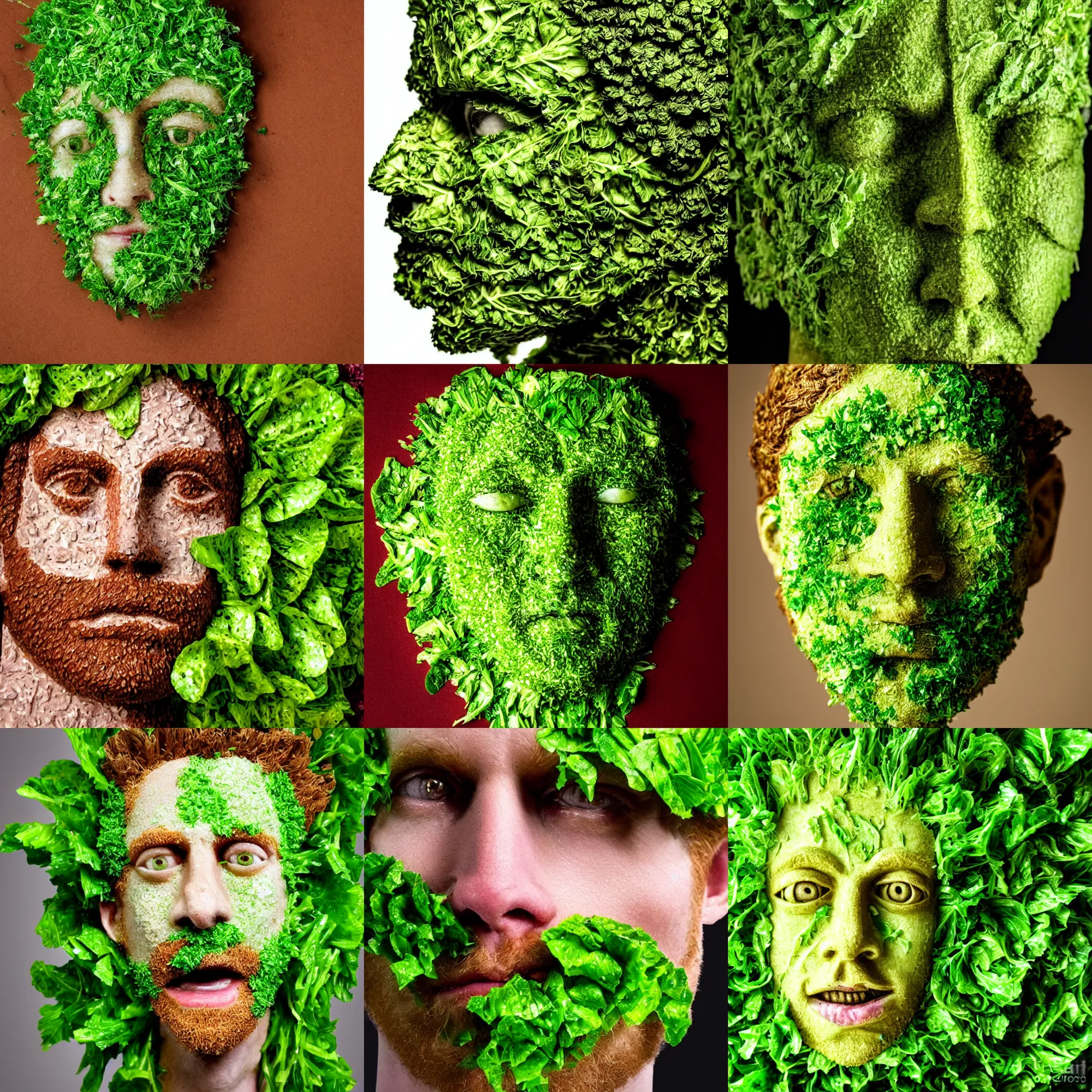 Prompt: face made of salad greens made of seth green, high detail photo, close up