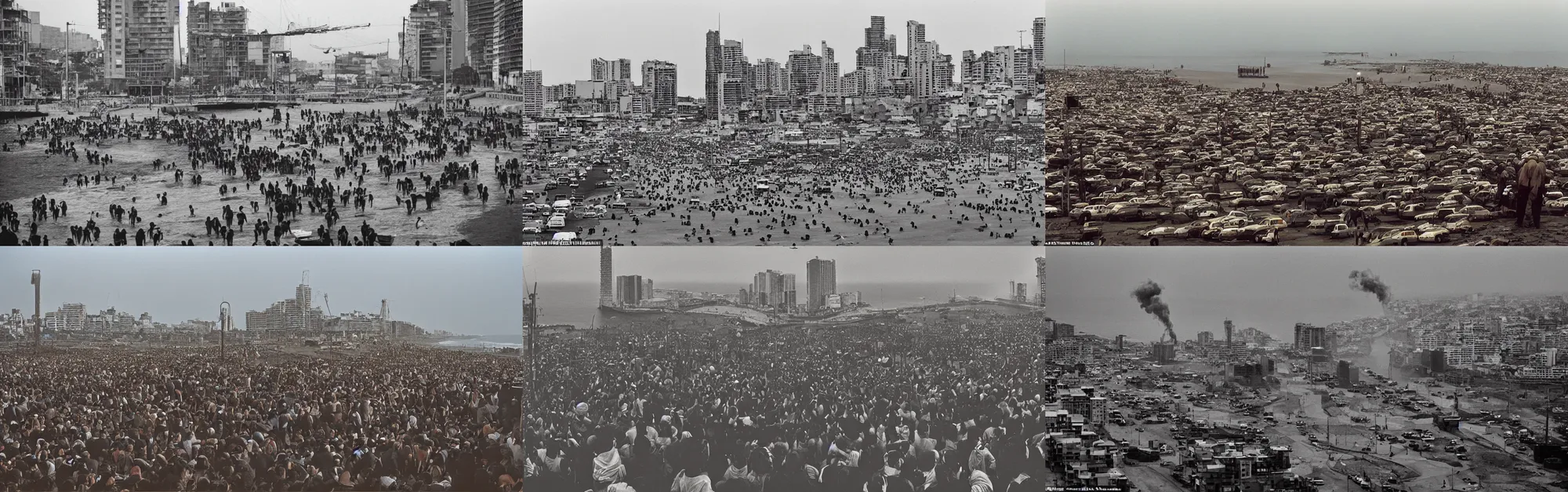 Prompt: apocaliptic Portrait of the city of Mar del Plata with a offshore oil dripping , crowd of Lobos marinos sudamericanos, by stephen Shore, epic composition 35mm