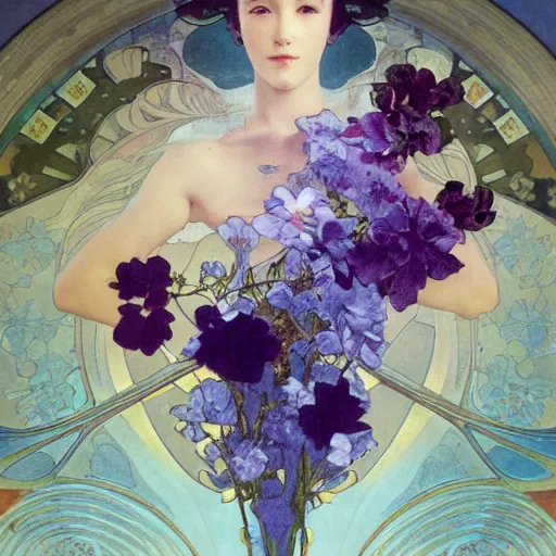 Image similar to perfume bottle surrounded by artistic, blurred blue and lilac flowers, white background, simple path traced, environment, up close shot shinji aramaki, karol bak, alphonse mucha