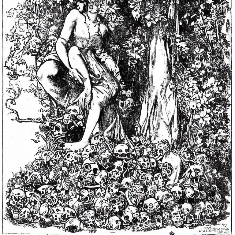 Image similar to a walther caspari illustration in lustige blatter in 1 8 9 9 of a young goddess, sitting on a conical!!!! pile! of small skulls with huge flowers on tall stalks behind her, manga style of kentaro miura