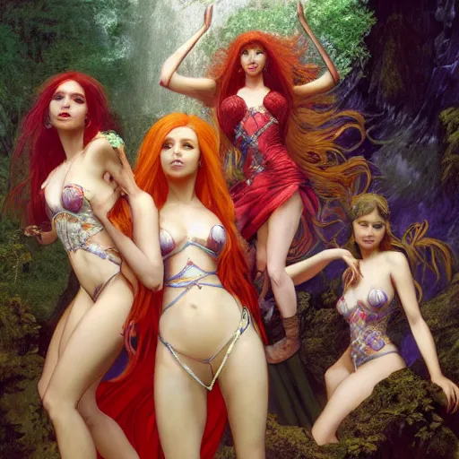 Image similar to an extremely detailed portrait of four polyamorous red haired vampire queens wearing bright multi colored dresses and dancing in a cave behind a waterfall, epic fantasy, viewed in profile from far away, sharp focus, detailed face, art by greg rutkowski and alphonse mucha, volumetric lighting, 4 k resolution, trending on artstation, masterpiece