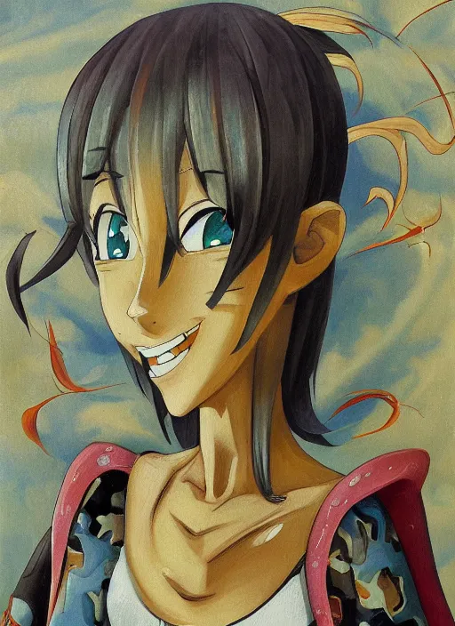 Prompt: an oil panting of a funny anime girl with a wolfish grin featured on Nickelodeon by Quentin Matsys