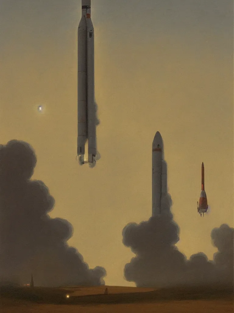 Image similar to a _ painting _ of _ a _ scifi _ rocket _ by _ peter _ ilsted