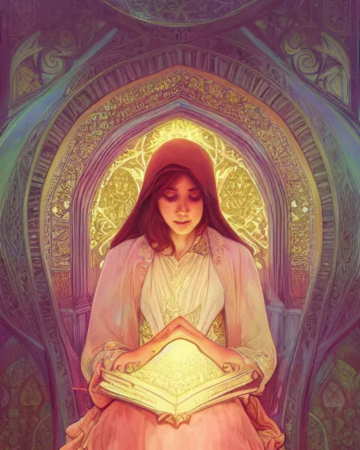 Prompt: an open quran highly detailed, gold filigree, romantic storybook fantasy, soft cinematic lighting, award, watercolor illustration by mandy jurgens and alphonse mucha and alena aenami, pastel color palette, featured on artstation