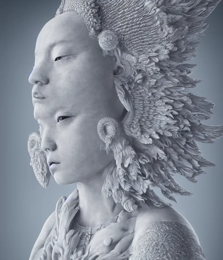 Image similar to hyper realistic portrait photo of ameterasu the sun goddess of japan, portrait shot, porcelain white face, intricate detail, octane render