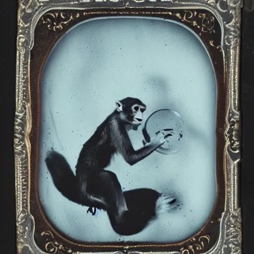 Image similar to tintype photo, underwater with bubbles, monkey rides a jellyfish