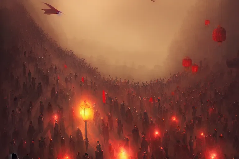 Prompt: lined up crowd is marching toward the chinese palace, big red dragon flying above them, dark atmosphere, light above palace, digital art, trending on artstation