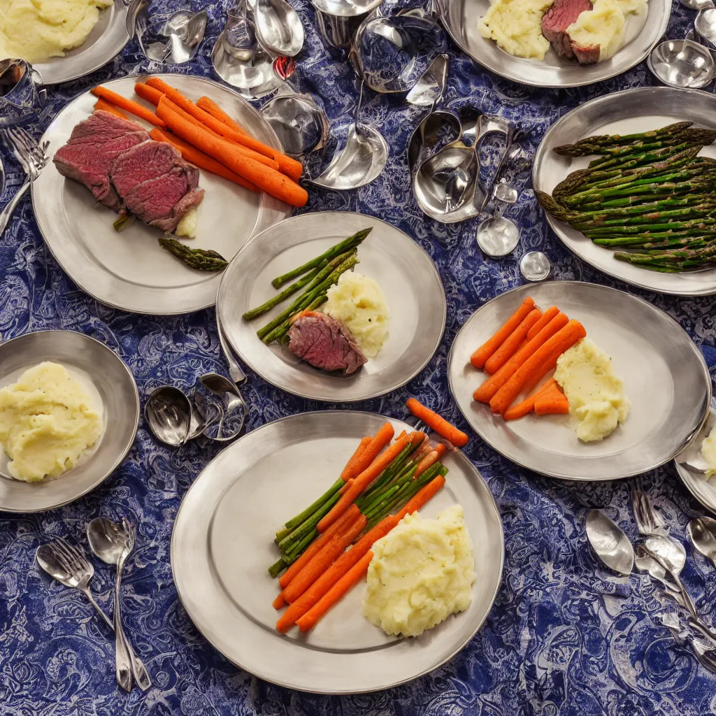 Image similar to single plate with prime rib, asparagus, mashed potatoes and gravy, and steamed carrots with blue table cloth and lit candles in ornate silver candlesticks, ultra - realistic, photo realism, professional photograph, extreme detail, deep focus, laser sharp, volumetric lighting, atmospheric, luxury, elite