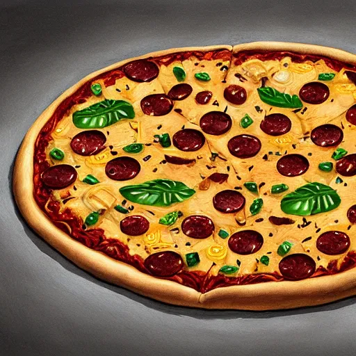 Image similar to Pizza, veggies, guitar, extremely Highly detailed, Occult, funny, humorous, humor, hilarious, funny, entertaining, magical, trending on artstationHQ, closeup, D&D, intricate, elegant, highly detailed, digital painting, artstation, concept art, matte, sharp focus, illustration, surrealism