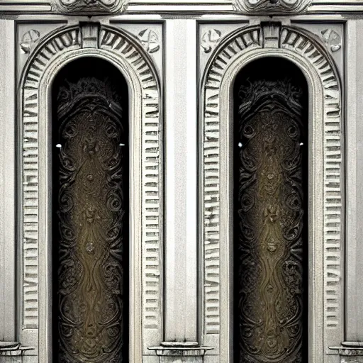 Prompt: hyper realistic ornate sci - fi double door by darek zabrocki