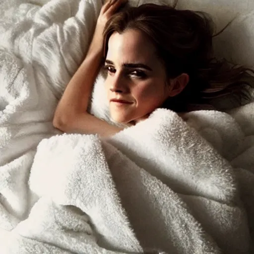 Image similar to emma watson waiting for you in bed at night while smiling shyly, messy hair bedhead, very sleepy and shy, bare shoulders, comforting, covered in big fluffy white blanket, dim cool lighting