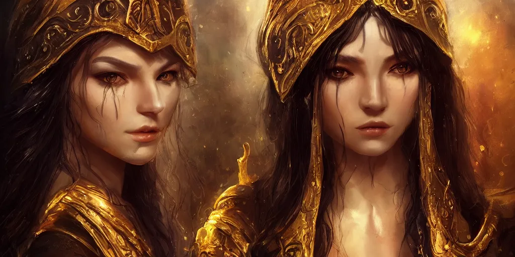 Prompt: a young beautiful priestess with long black hair weavering golden string of magic, barroque painting, ultra realistic. cinematic, dynamic. magic the gathering style. epic fantasy, insanely detailed, 4k, symmetrical face, rpg character reference. gourgeous.