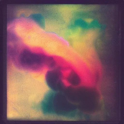 Image similar to polaroid of coloured smoke, gradient, texture, lomography, fluid dynamics, in darkness, dramatic lighting