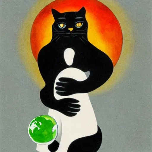 Image similar to white cat with black parts in fur, with green eyes holding planet earth with paws, the planet is on fire