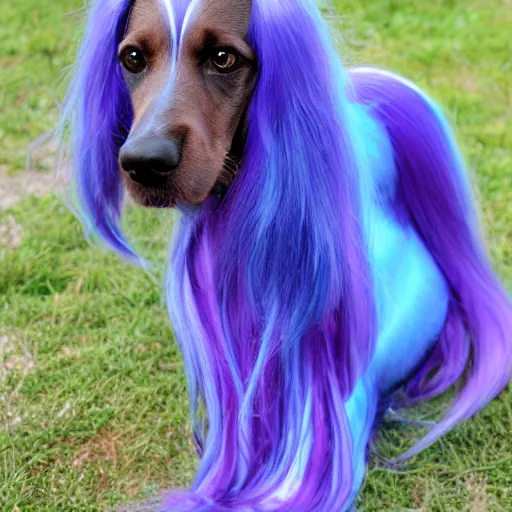 Image similar to purple dog with long blue hair