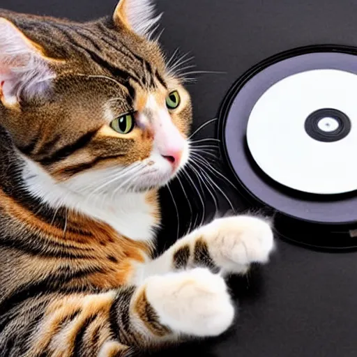 Prompt: a cat is writing on a CD with a pen. realistic photo