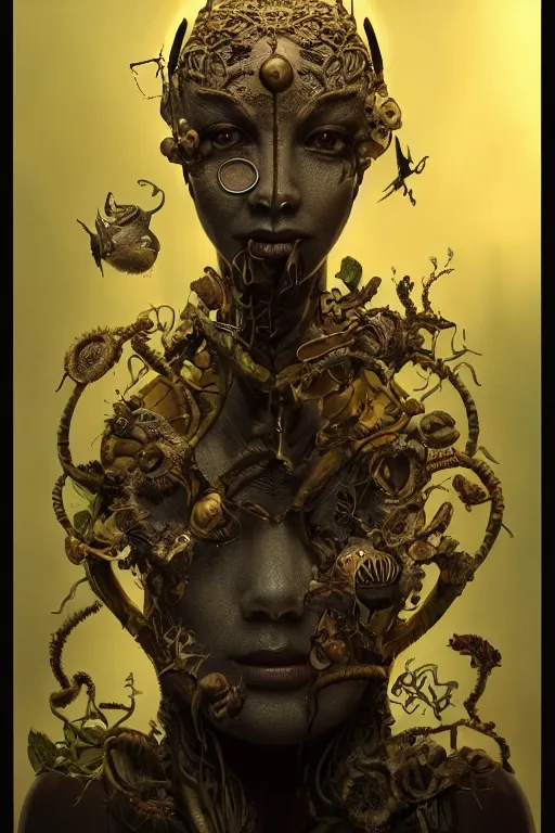 Image similar to portrait of a carnovorous plant with cat eyes, intricate, dystopian, extremely detailed, digital painting, sculpted in zbrush, artstation, concept art, smooth, sharp focus, illustration, chiaroscuro lighting, golden ratio, rule of thirds, fibonacci, incredible art by Stanley Artgerm Lau and Greg Rutkowski, composition by mike mignola and Simon Stalenhag,