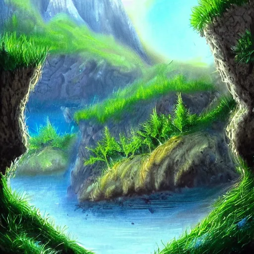 Image similar to painting of a lush natural scene on an alien planet featured on deviantart. beautiful landscape. weird vegetation. cliffs and water.