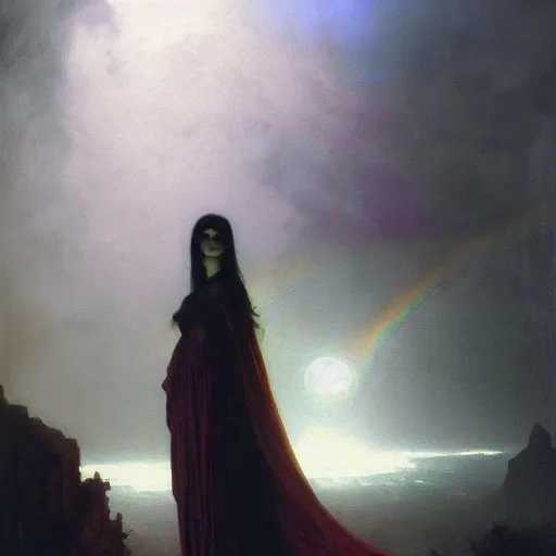 Image similar to concept art painting of attractive figure the called the ghost of the moonbow queen, black cloak, a rainbow in the dark, rainbow, by Michael Whelan, William Adolphe Bouguereau, John Williams Waterhouse, and Donato Giancola, cyberpunk, extremely moody lighting, glowing light and shadow, atmospheric, shadowy, cinematic, 8K