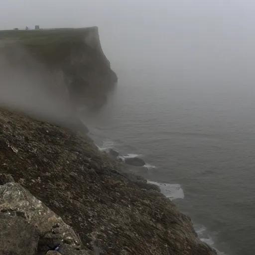 Prompt: i stood atop a cliff shore and looked out the front door of a sorely forgotten begotten house that tilted right toward the roaring shore below and the mist rises to meet the morning sun