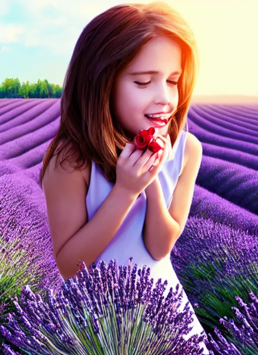 Image similar to girl eating a rose in a lavender field. by AquaSixio, hyperrealistic illustration, digital art, 4k, very detailed faces