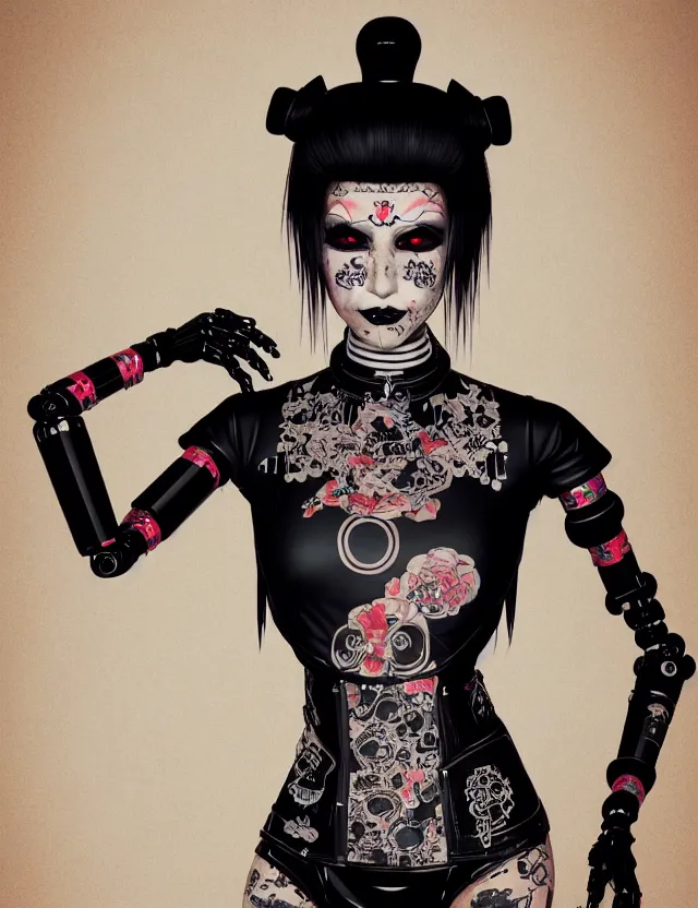 Image similar to full body portrait of a gothic style punk geisha robot with kanji tattoos and decals wearing a digital pixelated kimono, intricate design, photo - realistic, octane render, dark colour palette, ultra fine detailed, character design, trending on artstation