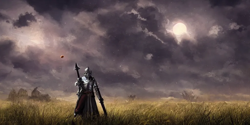 Image similar to medieval fantasy knight standing in a field, many planets in the sky behind him, craters, melancholy tone, composition, extremely detailed,