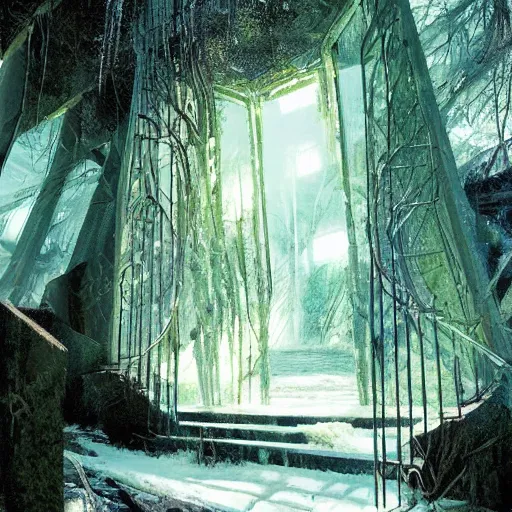 Image similar to stairs leading to a frozen derelict portal in a middle of a snowy lush futuristic forest, green lush world seen only through a portal, daylight, cinematic lighting, blue sky, syd mead, john harris