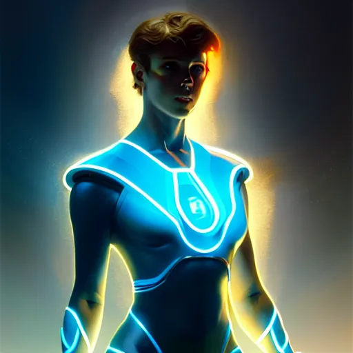 Image similar to tron angel, diffuse lighting, hyper realistic, elegant, concept art, intricate, hyper detailed, smooth, sharp focus, illustration, trending on artstation, art by greg rutkowski and james gurney and alphonse mucha